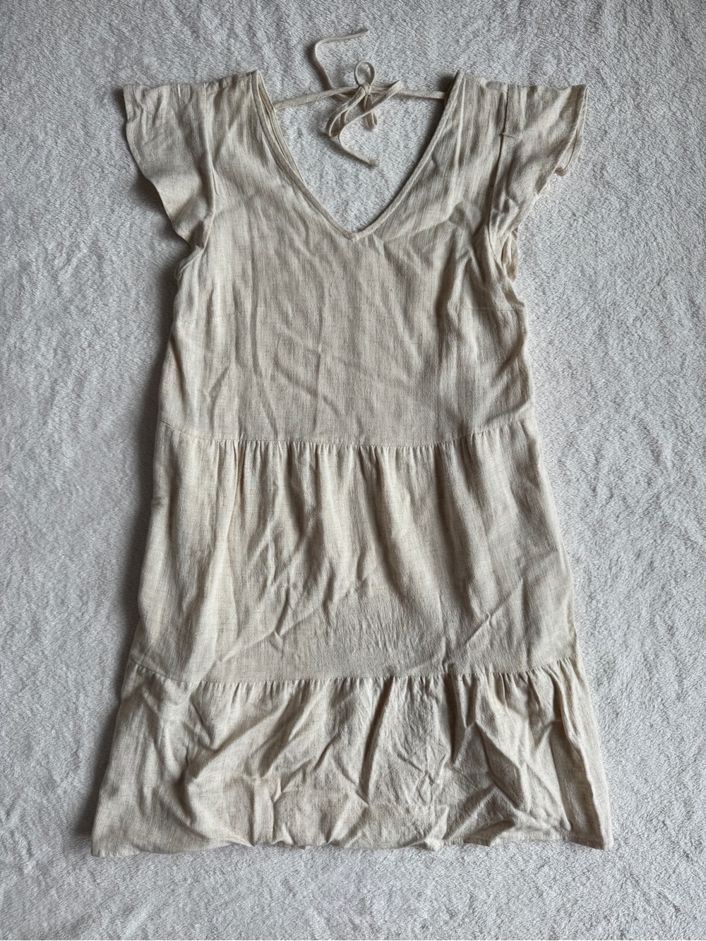 Light Cream V-Neck Tiered Linen Blend Summer Dress